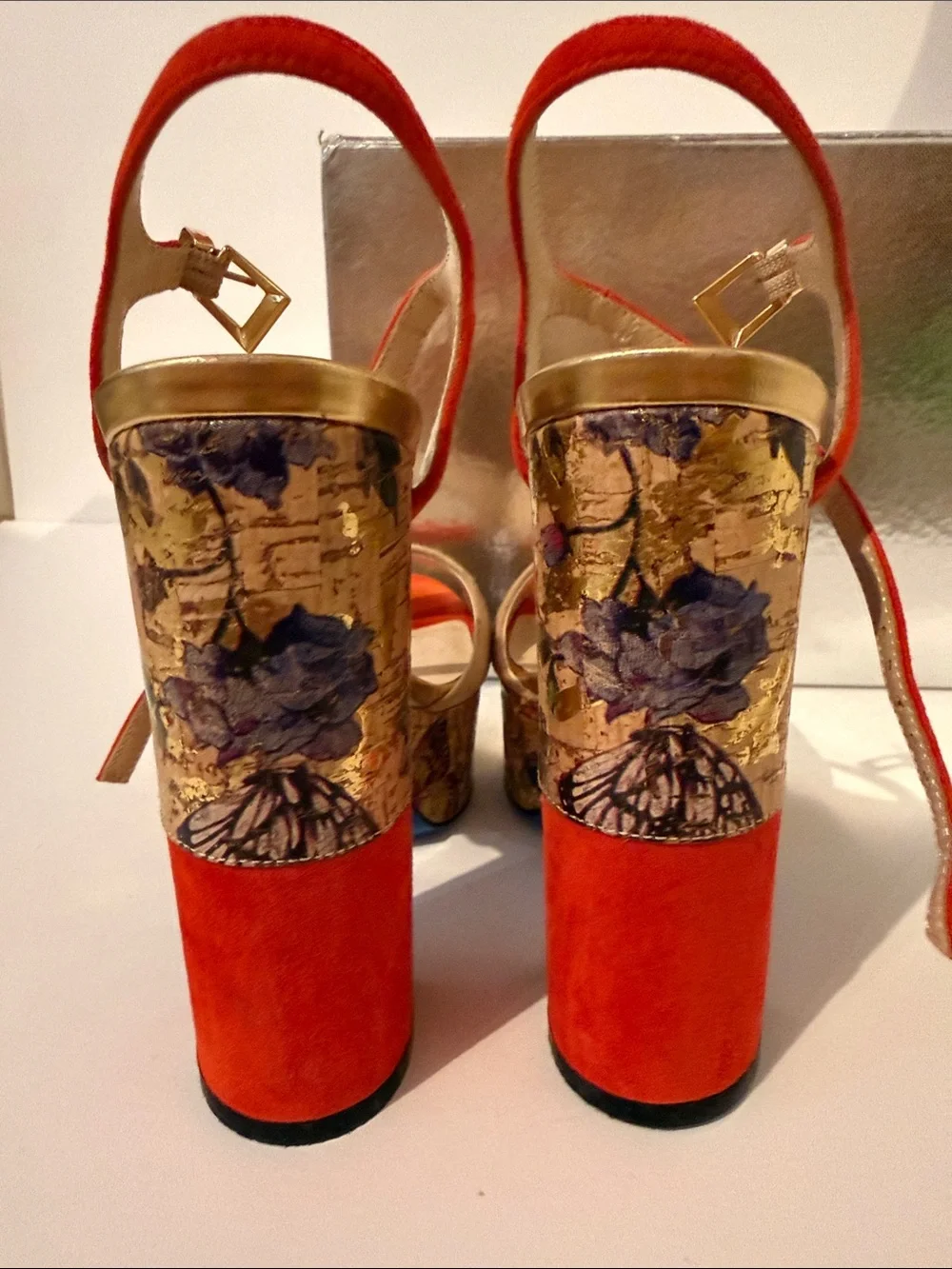 Loriblu Beige Suede & Red Floral-Accent Platform Slingbacks